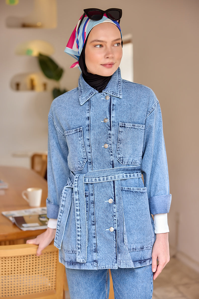 Belted Denim Jacket Ice Blue