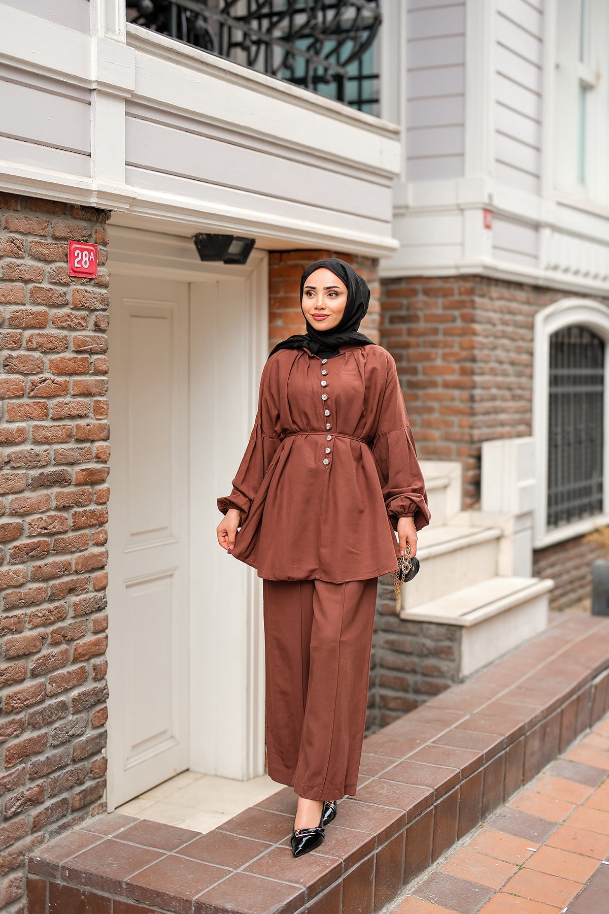 Front Button Detail Two-Piece Suit - Brown