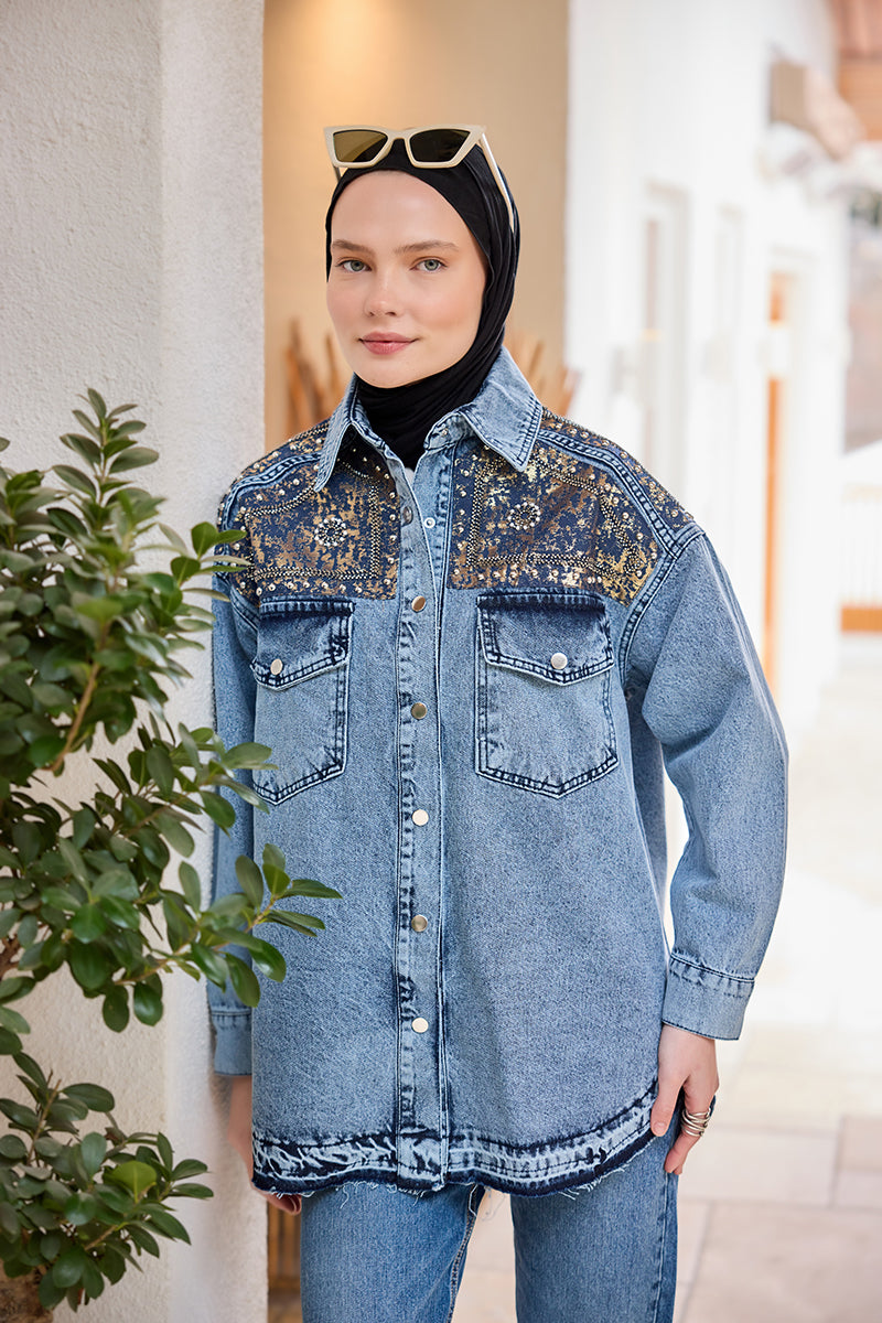 Gold Foil Patterned Jean Jacket Ice Blue