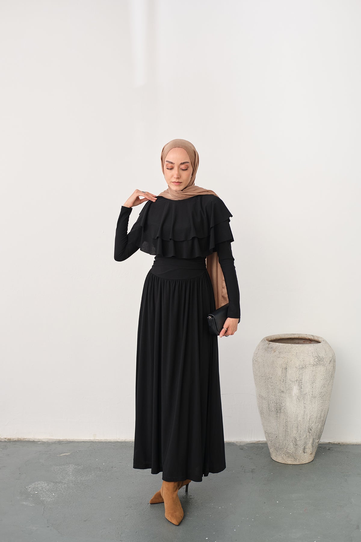 Shoulder Ruffle Detail Dress Black