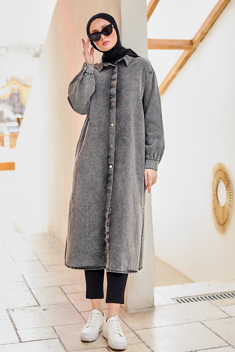 Snap Detail Midi Length Denim Jacket Anthracite