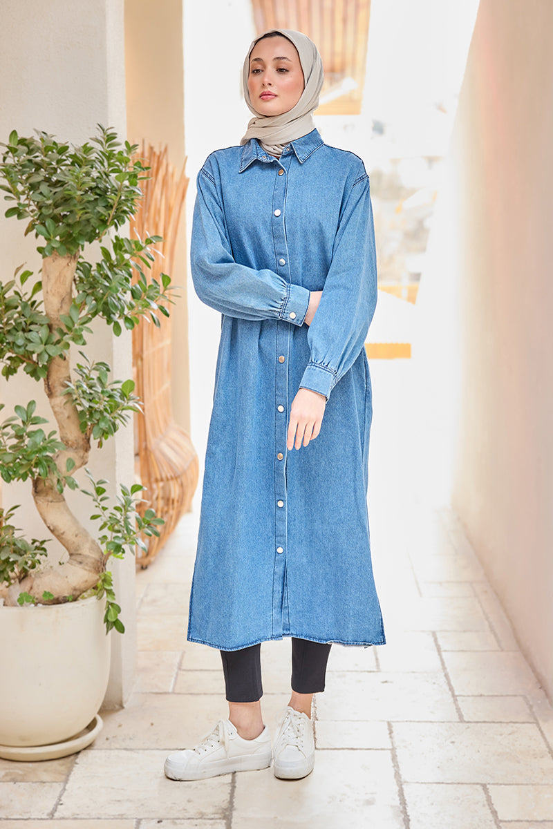 Snap Detail Midi Length Denim Jacket Ice Blue