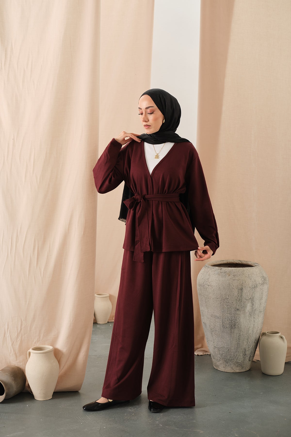 Waist-Tie Kimono Set Burgundy