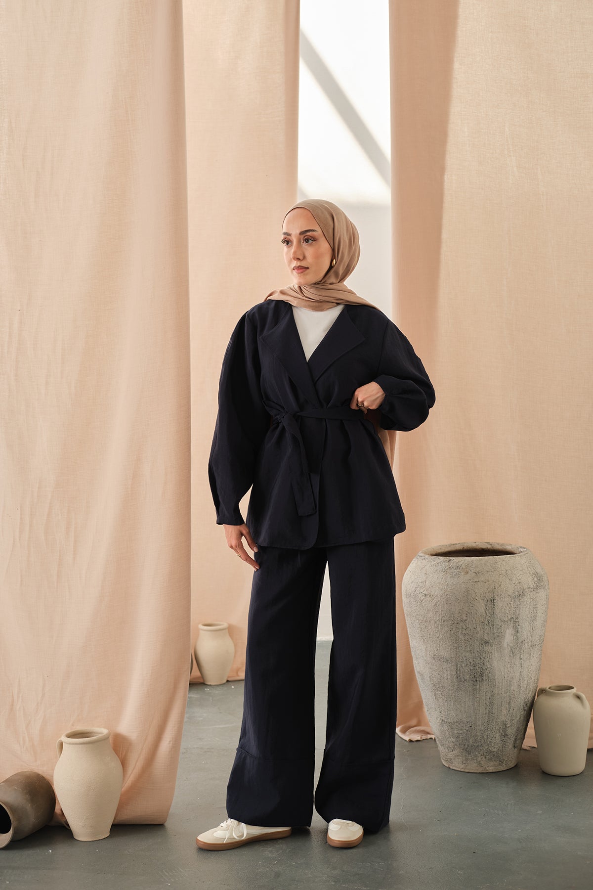 Waist-Tie Kimono Set Navy Blue