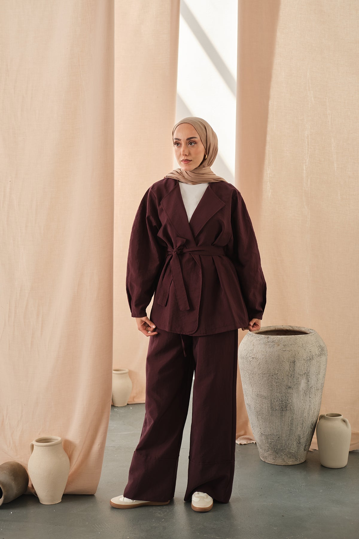 Waist-Tie Kimono Set Plum