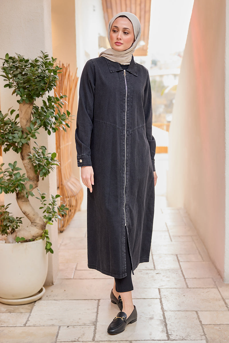 Zippered Midi Length Denim Jacket Black