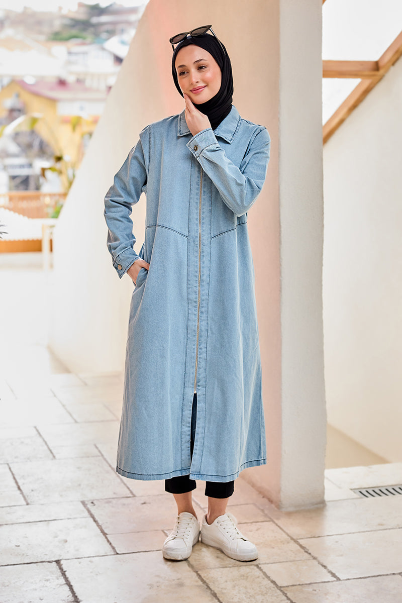 Zippered Midi Length Denim Jacket Ice Blue