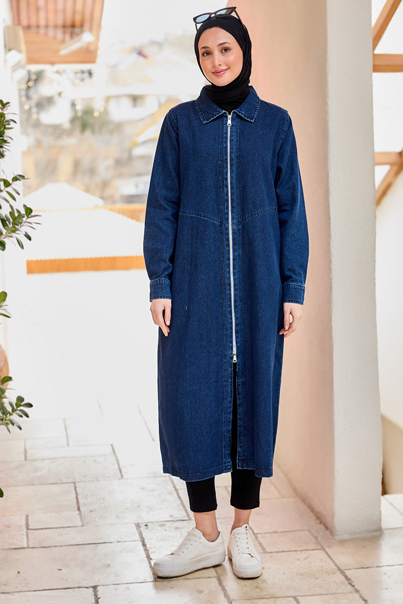 Zippered Midi Length Denim Jacket Navy Blue