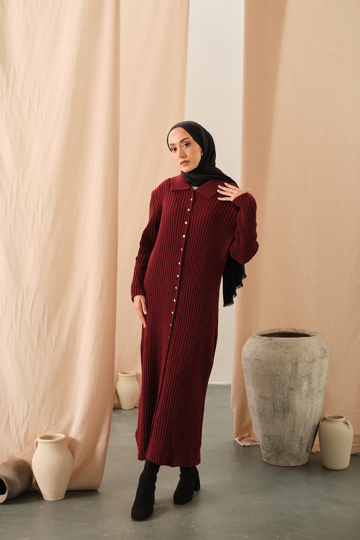 Button Detail Knit Dress Burgundy
