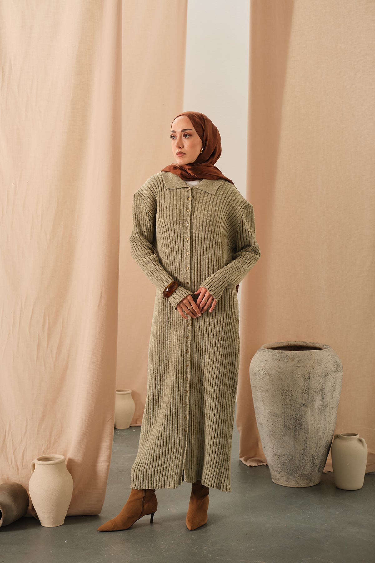 Button Detail Knit Dress Light Green