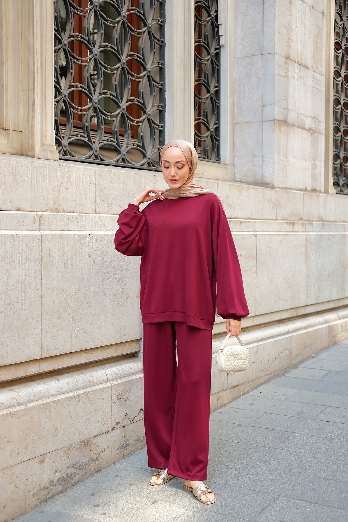 Crew Neck Two-Piece Set - Burgundy