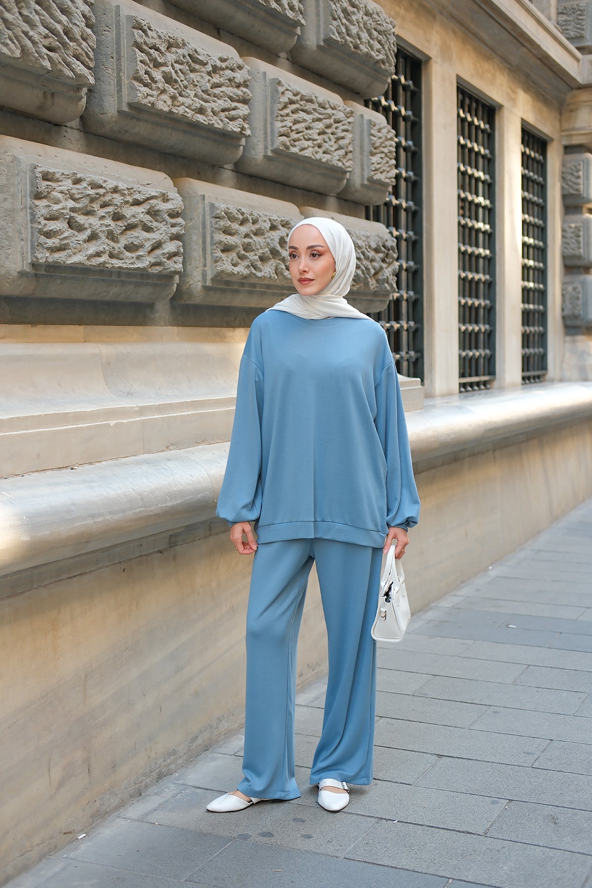 Crew Neck Two-Piece Set - Light Blue