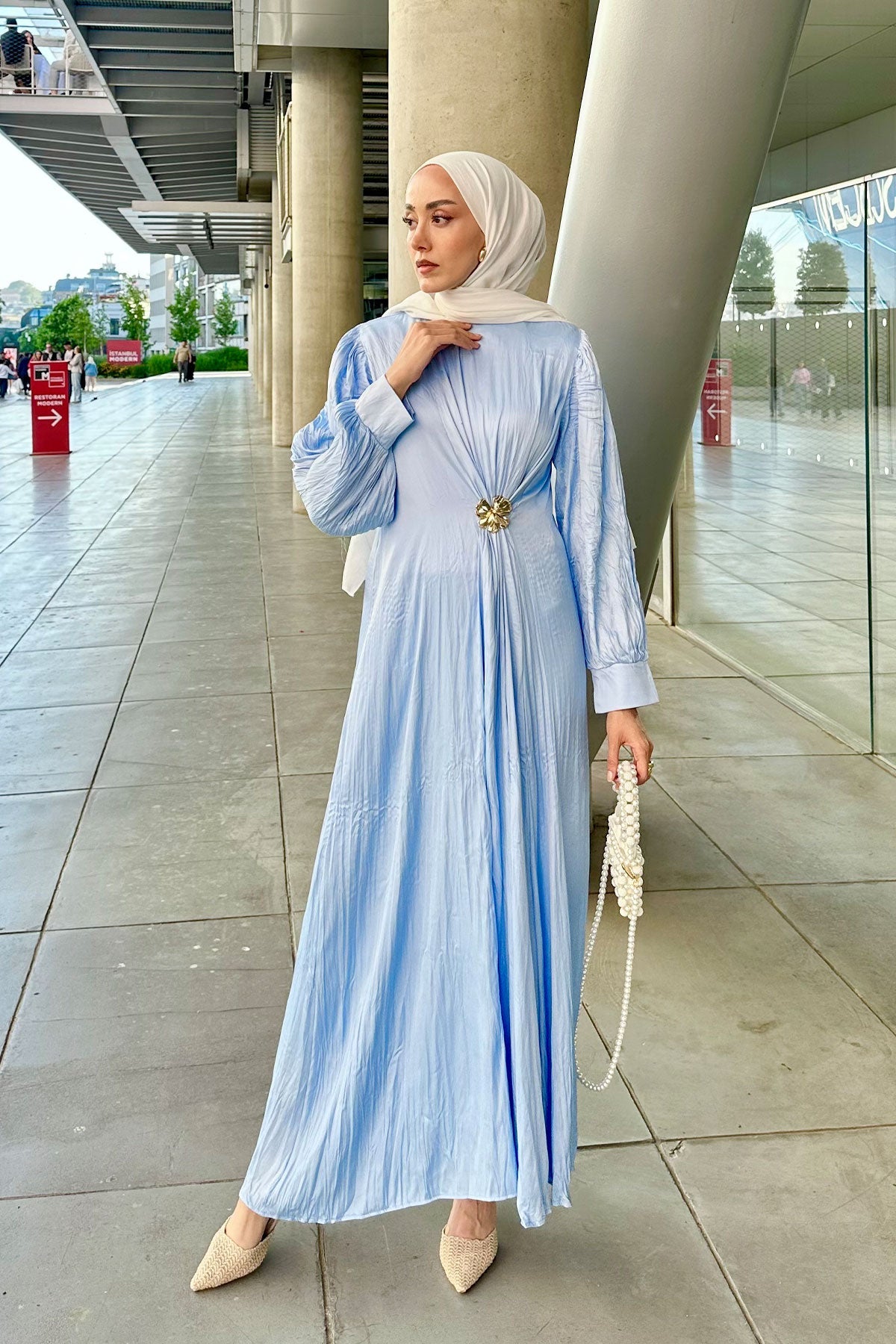 Front Pleated Wrinkled Dress Blue