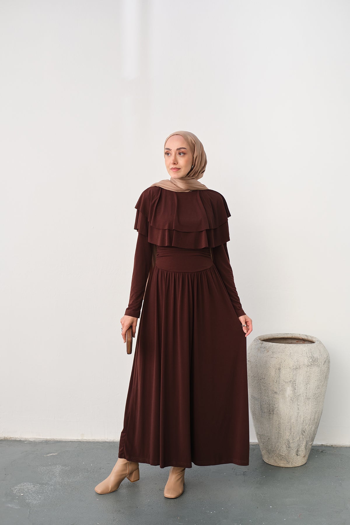 Shoulder Ruffle Detail Dress Brown