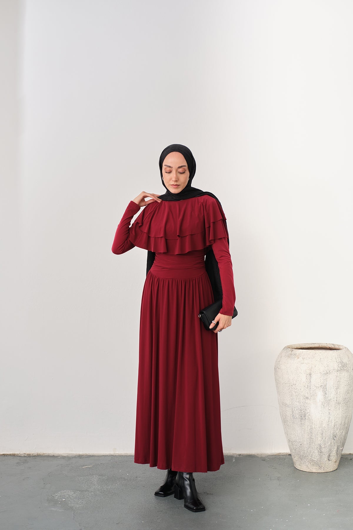 Shoulder Ruffle Detail Dress Burgundy