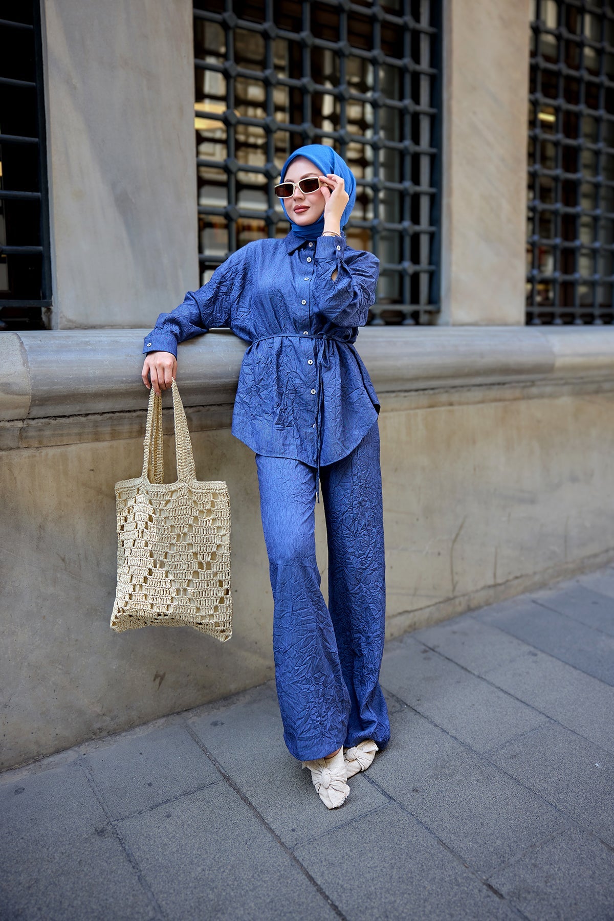 Wrinkled Fabric Suit Lacivert