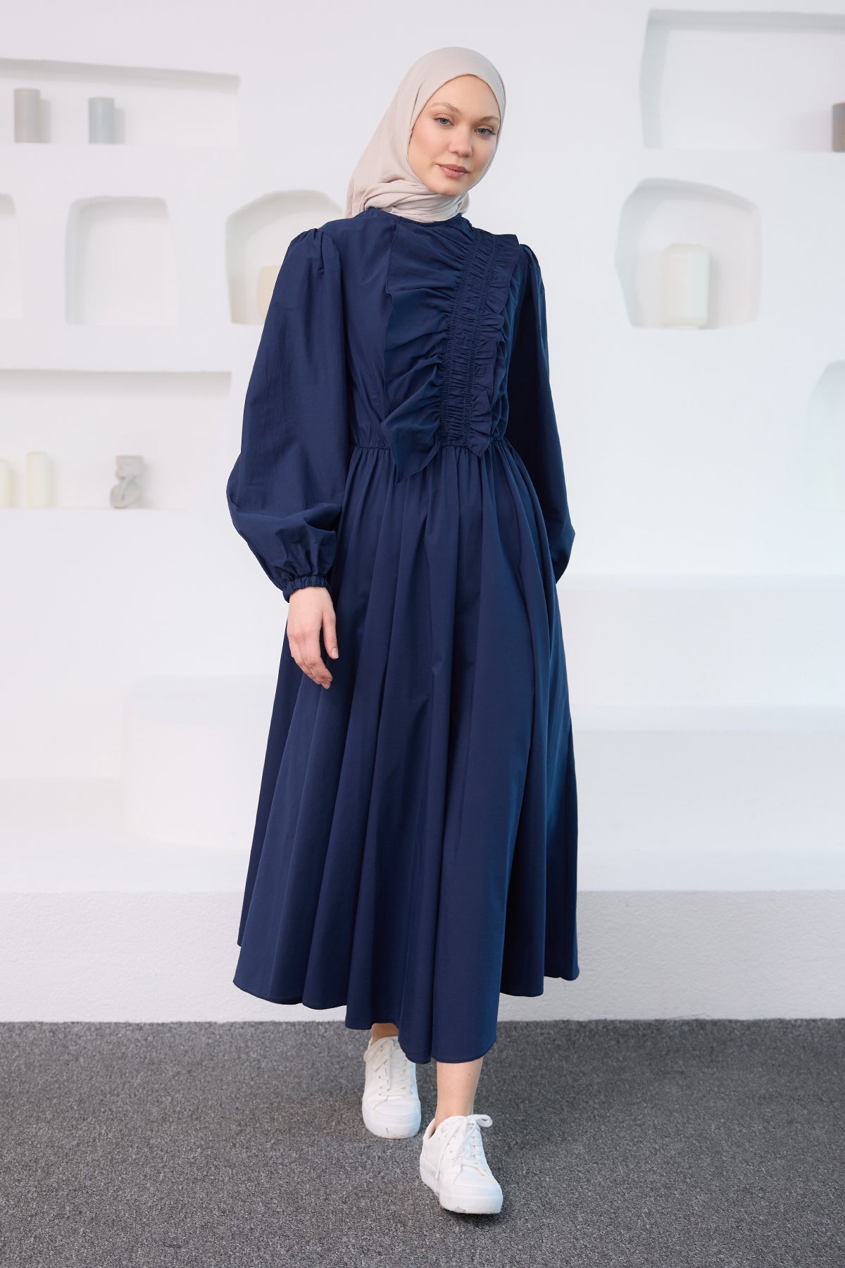 Asymmetric Ruched And Frilled Detail Dress Navy Blue