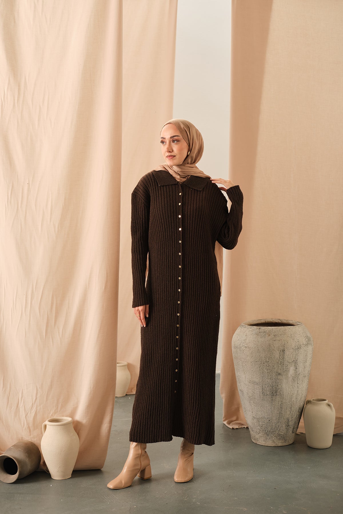 Button Detail Knit Dress Brown