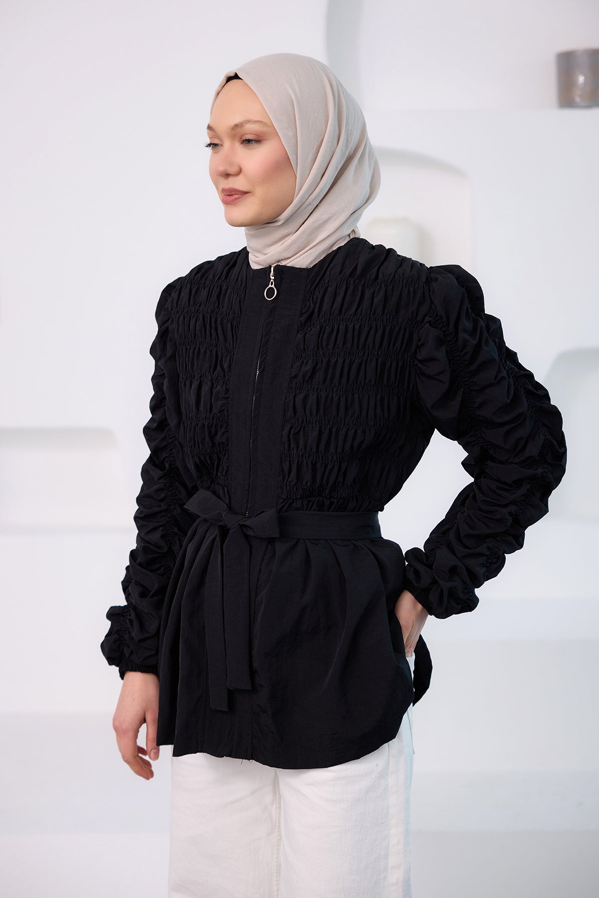 Gathered Detail Zippered Jacket Navy Blue