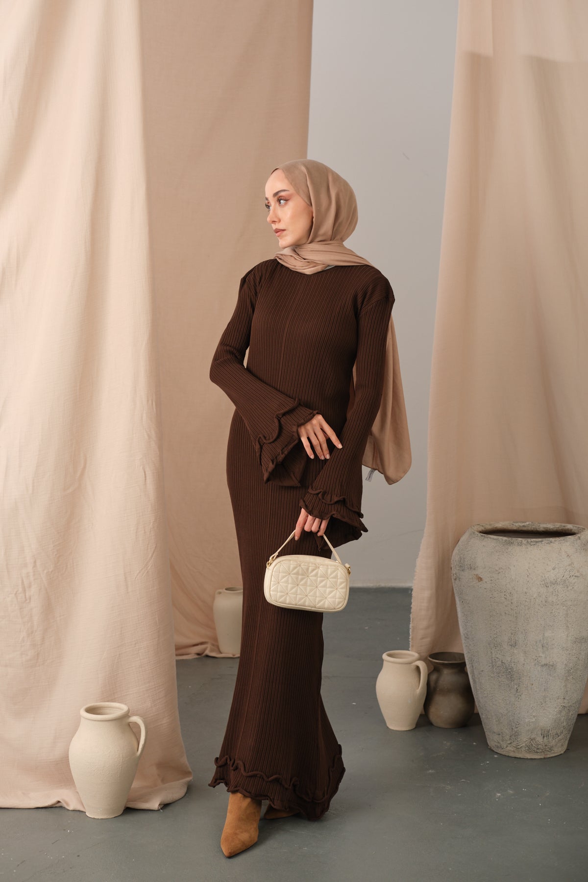 Ruffle Detail Dress Brown