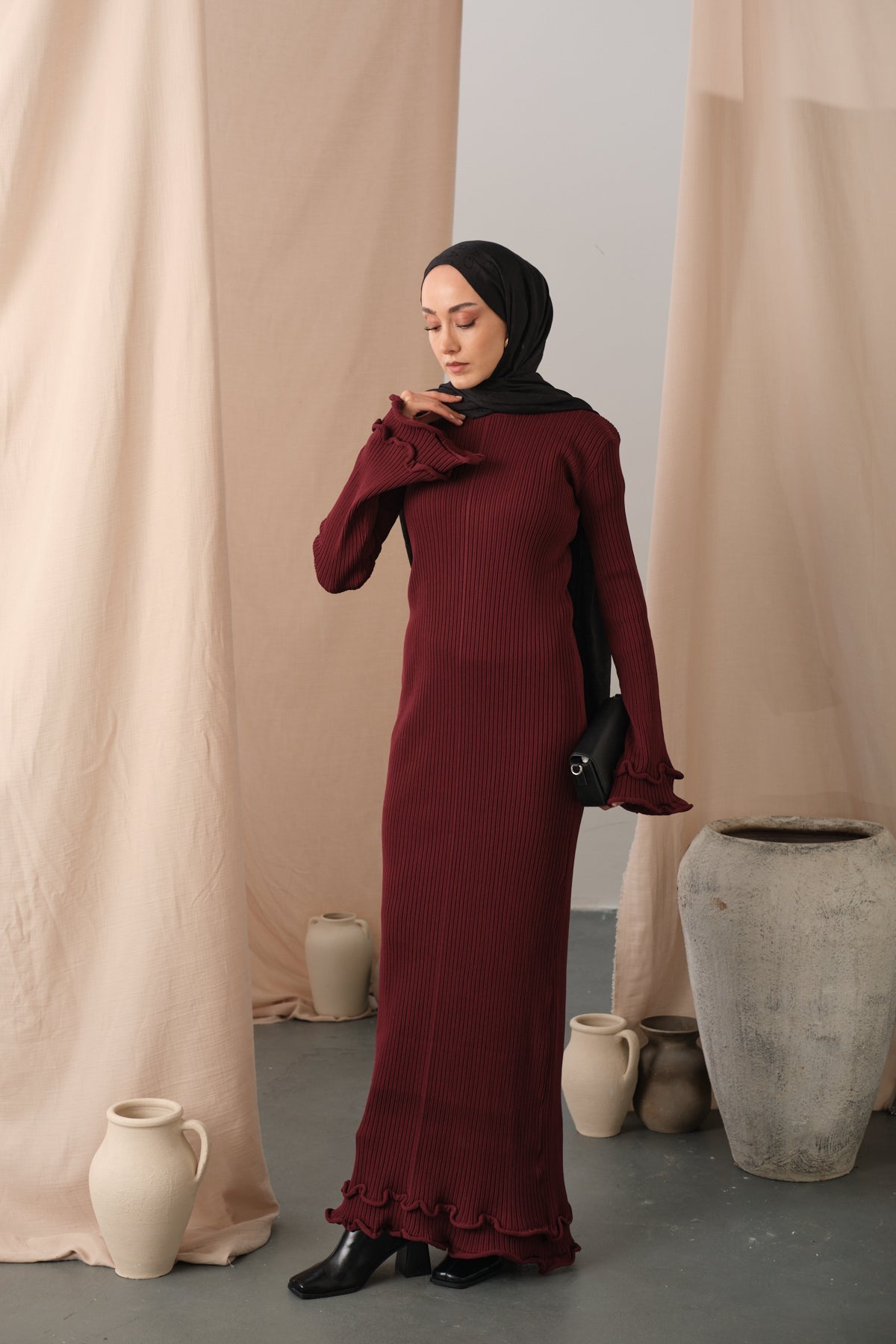 Ruffle Detail Dress Burgundy