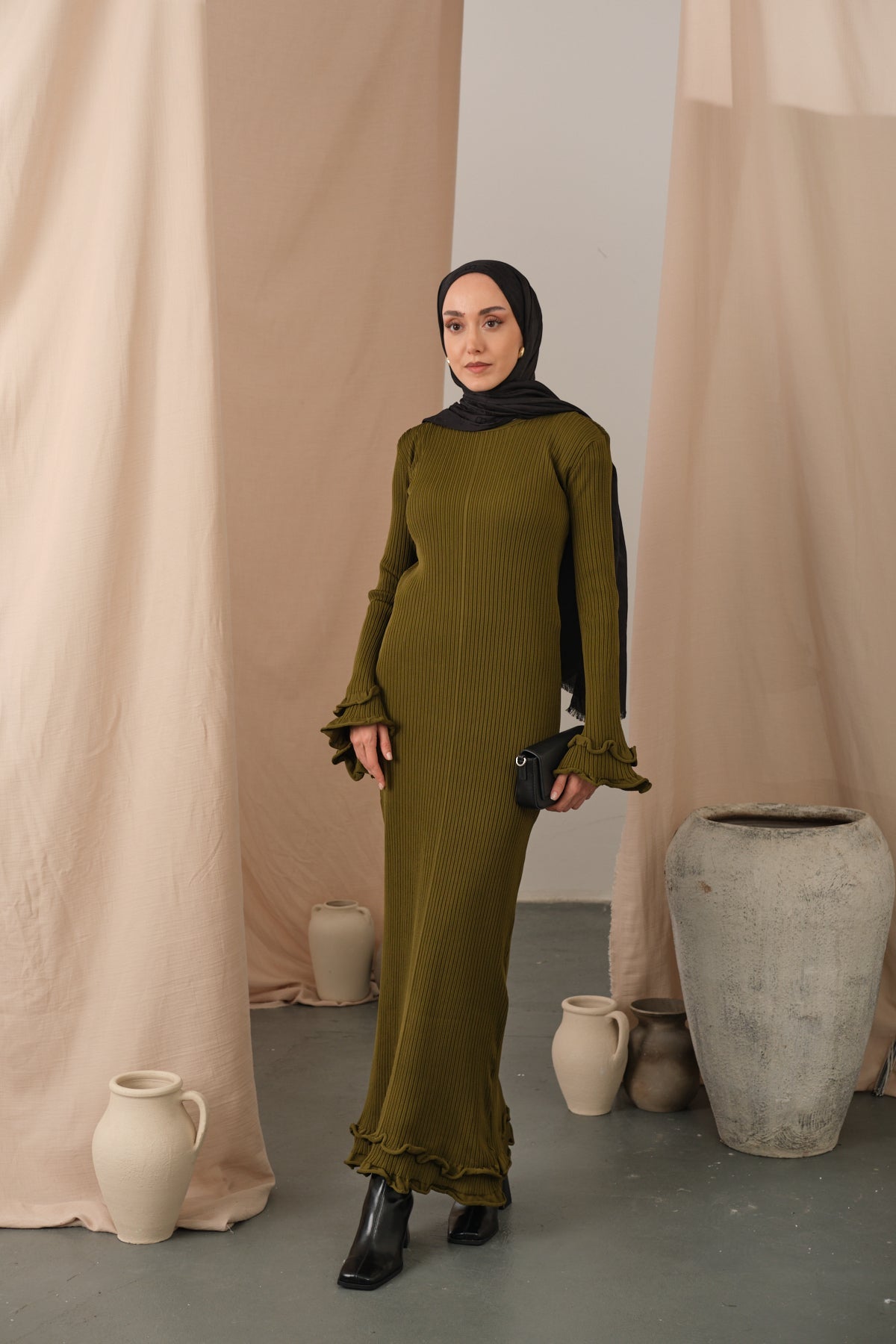 Ruffle Detail Dress Olive Green