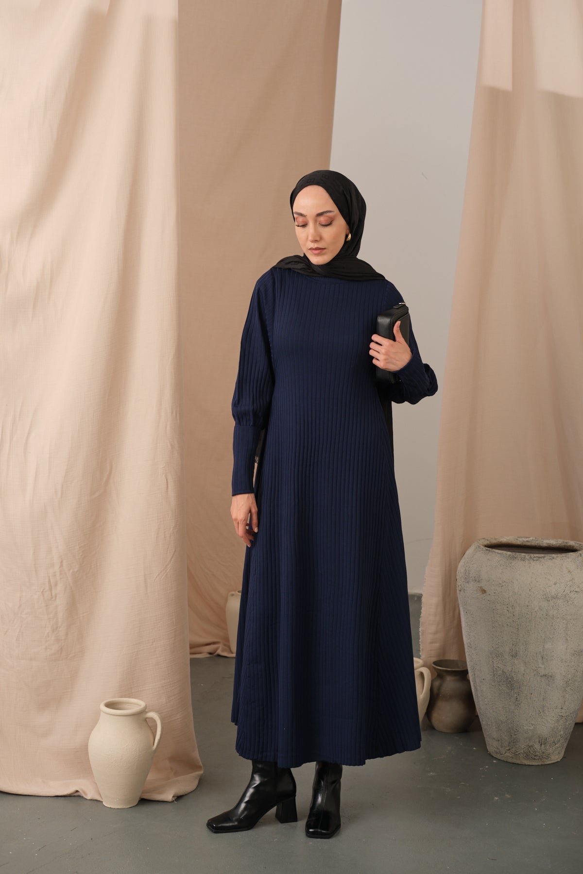 Self-Patterned Knit Dress Navy