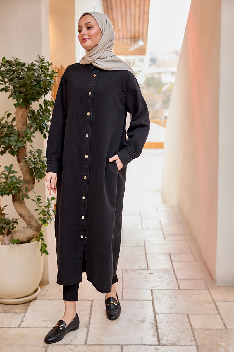 Snap Detail Midi Length Denim Jacket Black