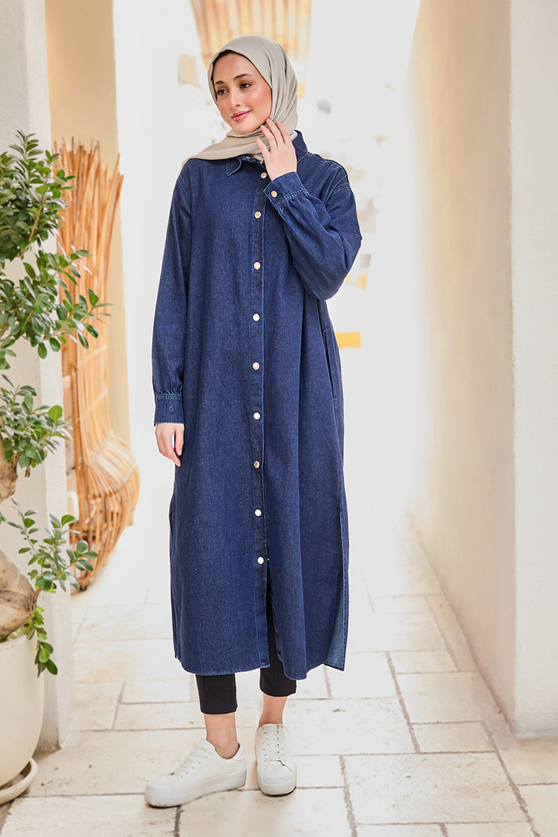 Snap Detail Midi Length Denim Jacket Navy Blue