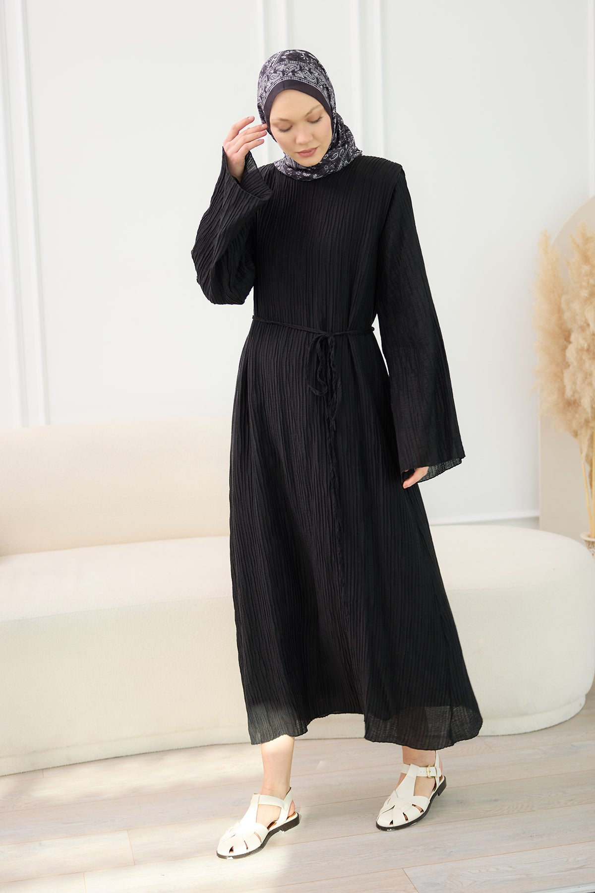 Textured Fabric Padded Shoulder Dress n Black