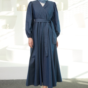 V Neck Denim Dress Dark Blue