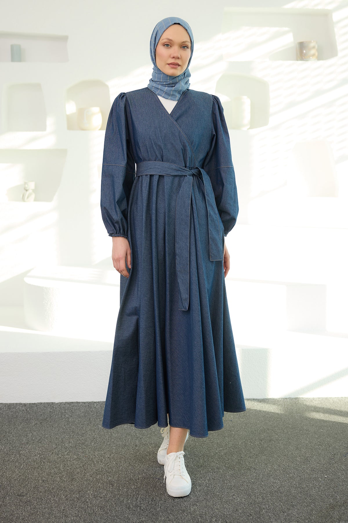 V Neck Denim Dress Dark Blue