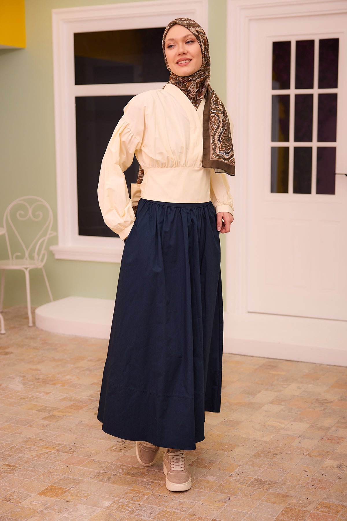 Beige Set With Contrast Colored Blouse