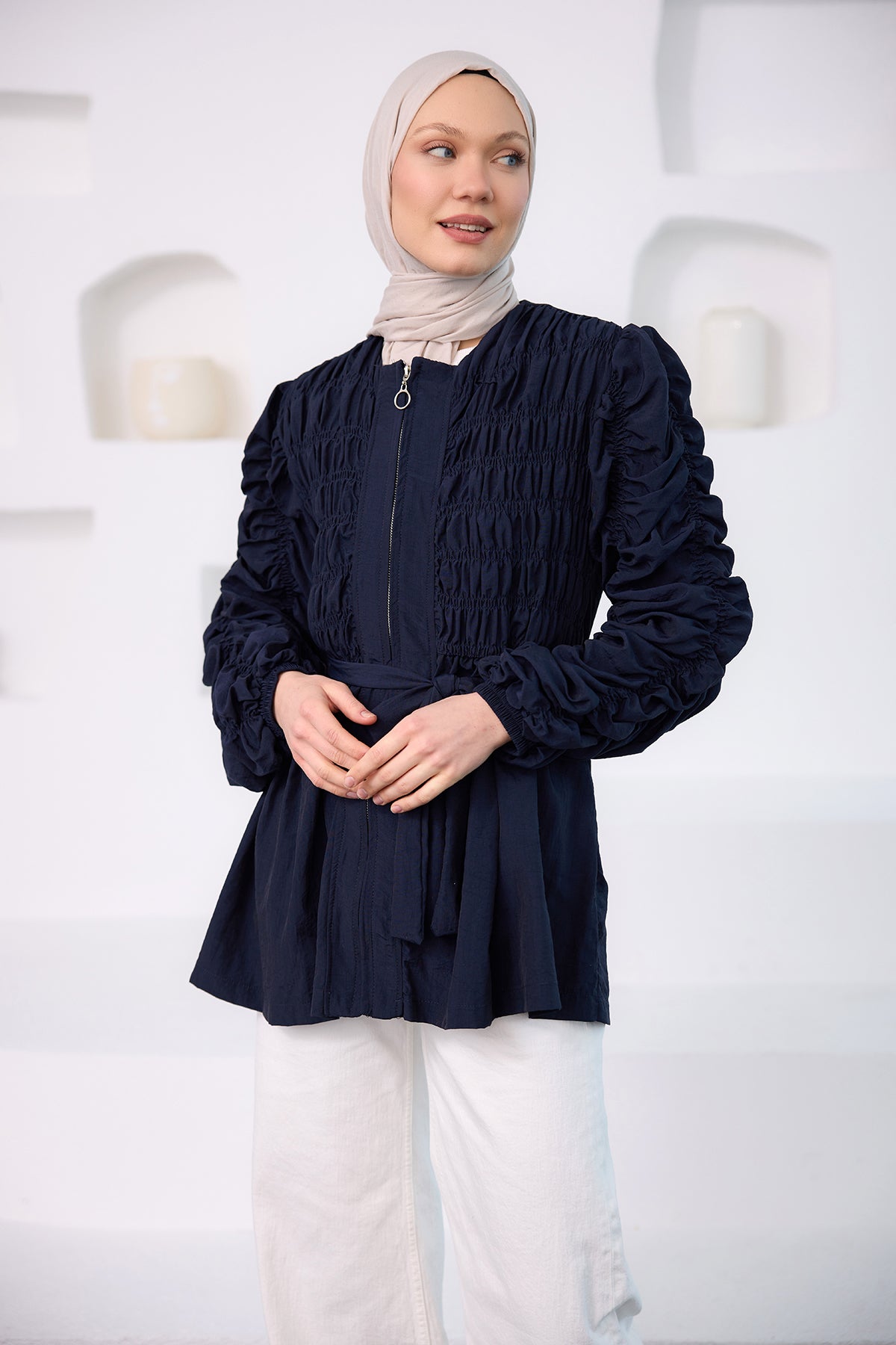 Gathered Detail Zippered Jacket Black