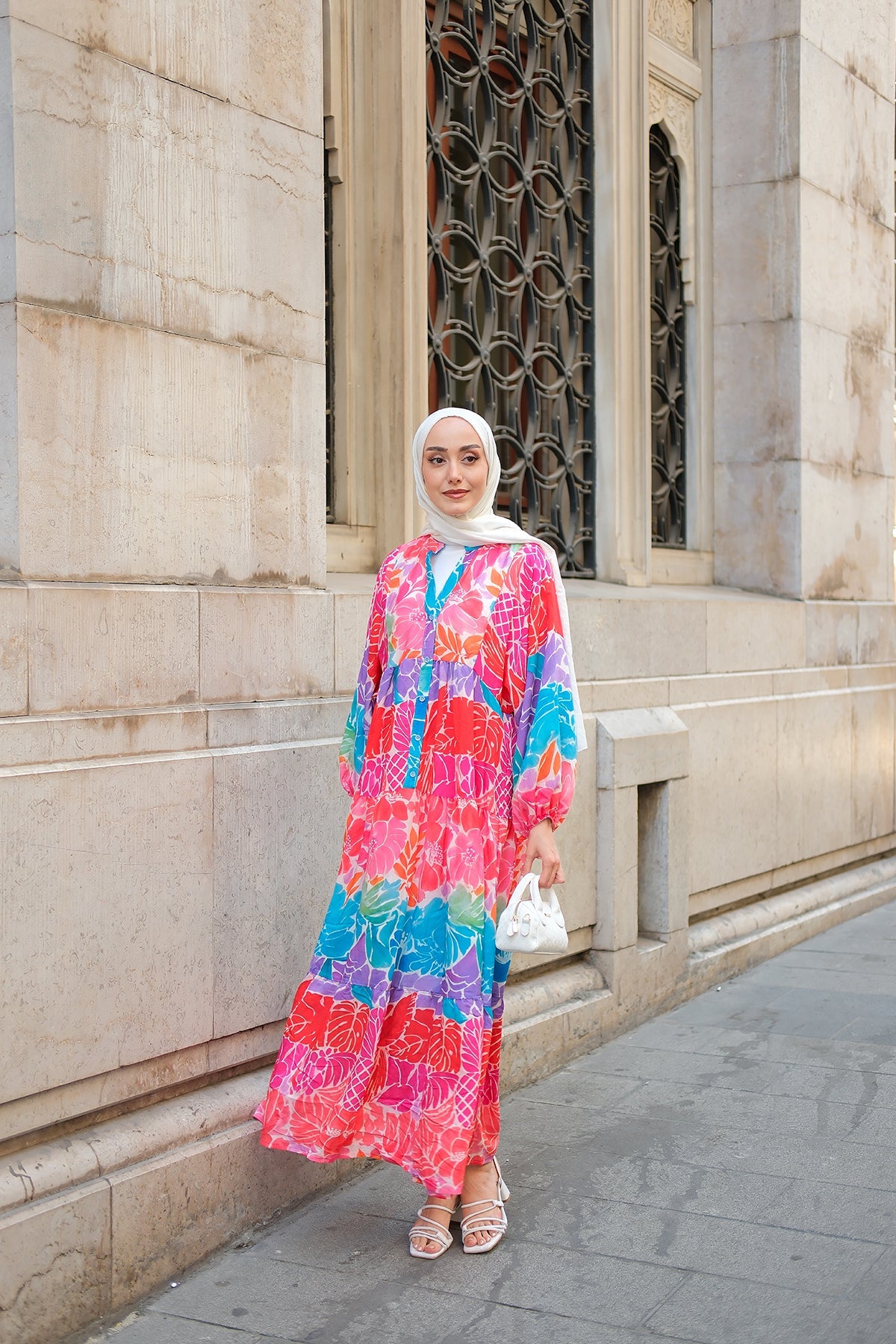 Watercolor-Inspired Floral Patterned Dress Fuchsia