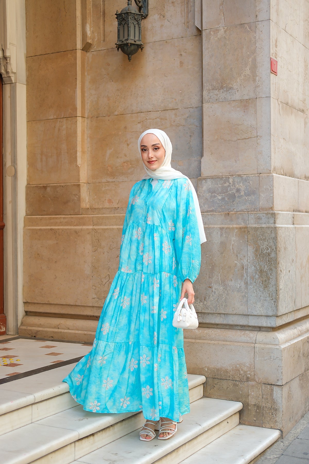 Abstract Floral Patterned Dress Light Blue