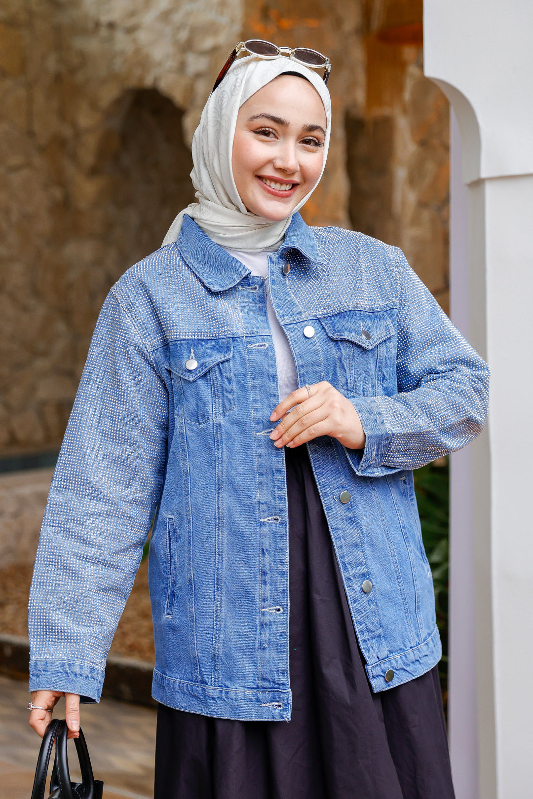 Blue Denim Jacket With Stone Detailed Sleeves