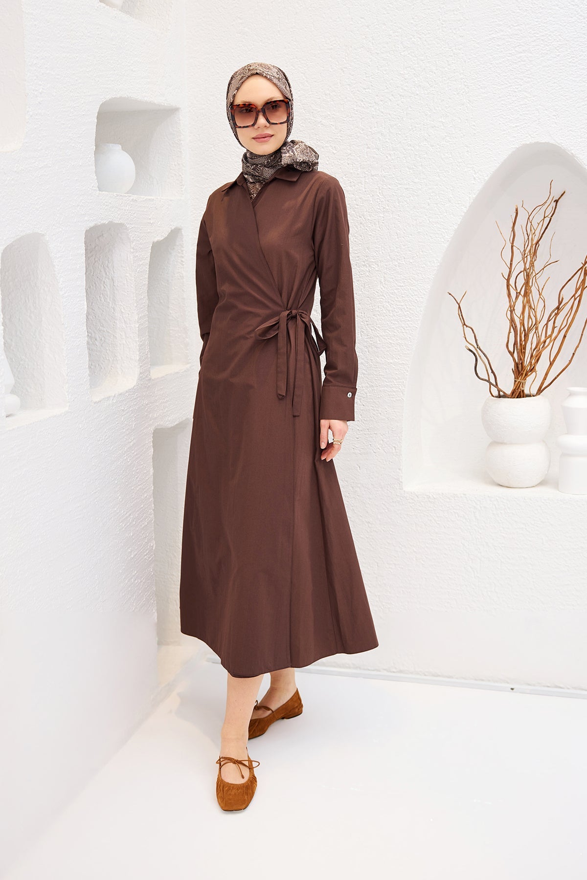 Brown Poplin Dress With Side Tie