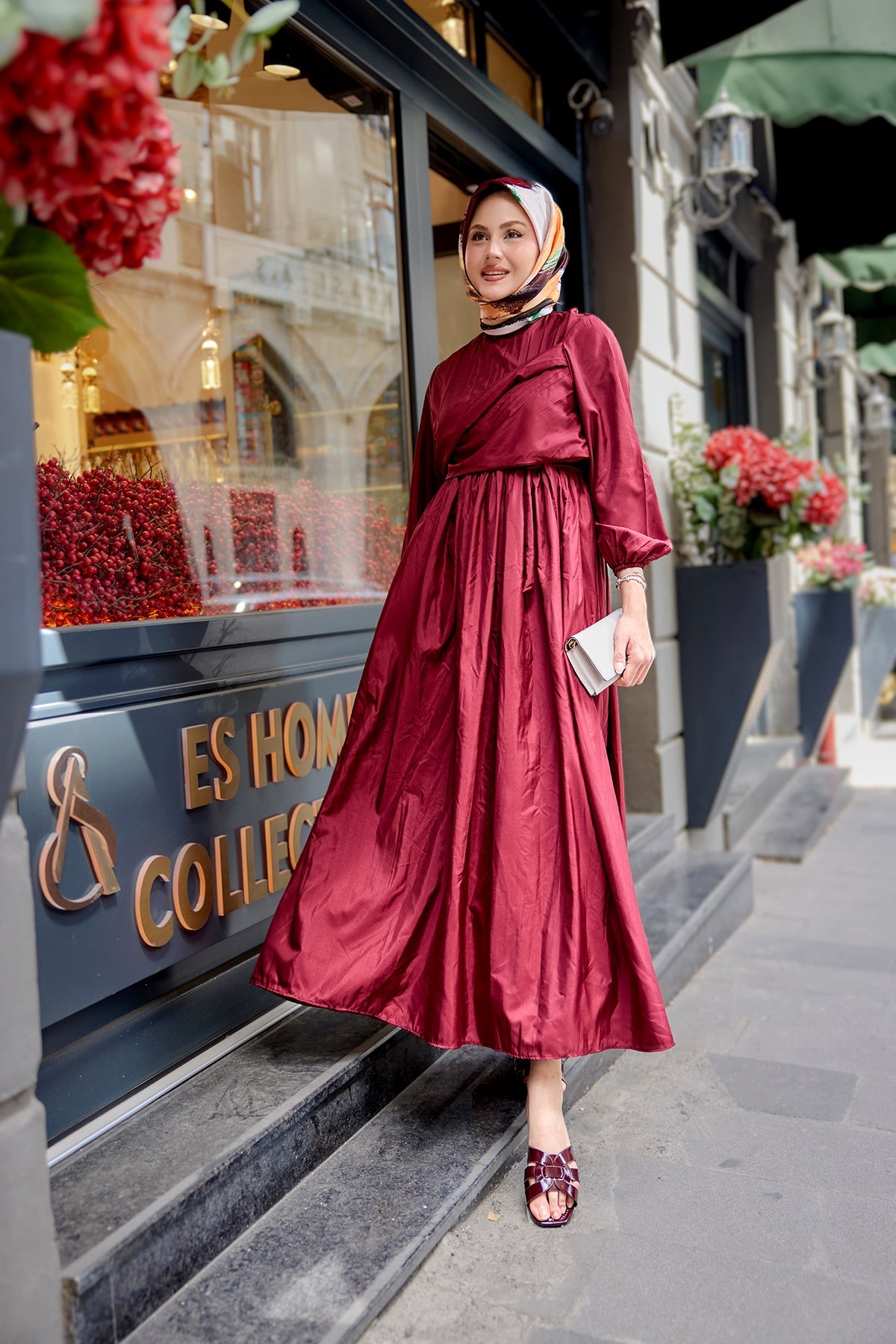 Crushed Gathered Side-Tied Dress Burgundy