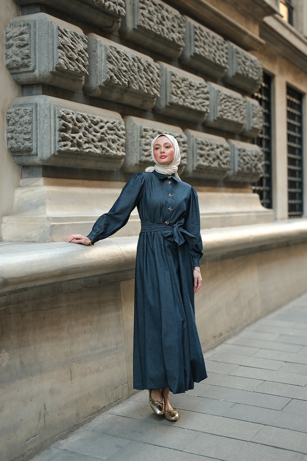 Dark Blue Denim Dress With Gold Ribbon Button Detail