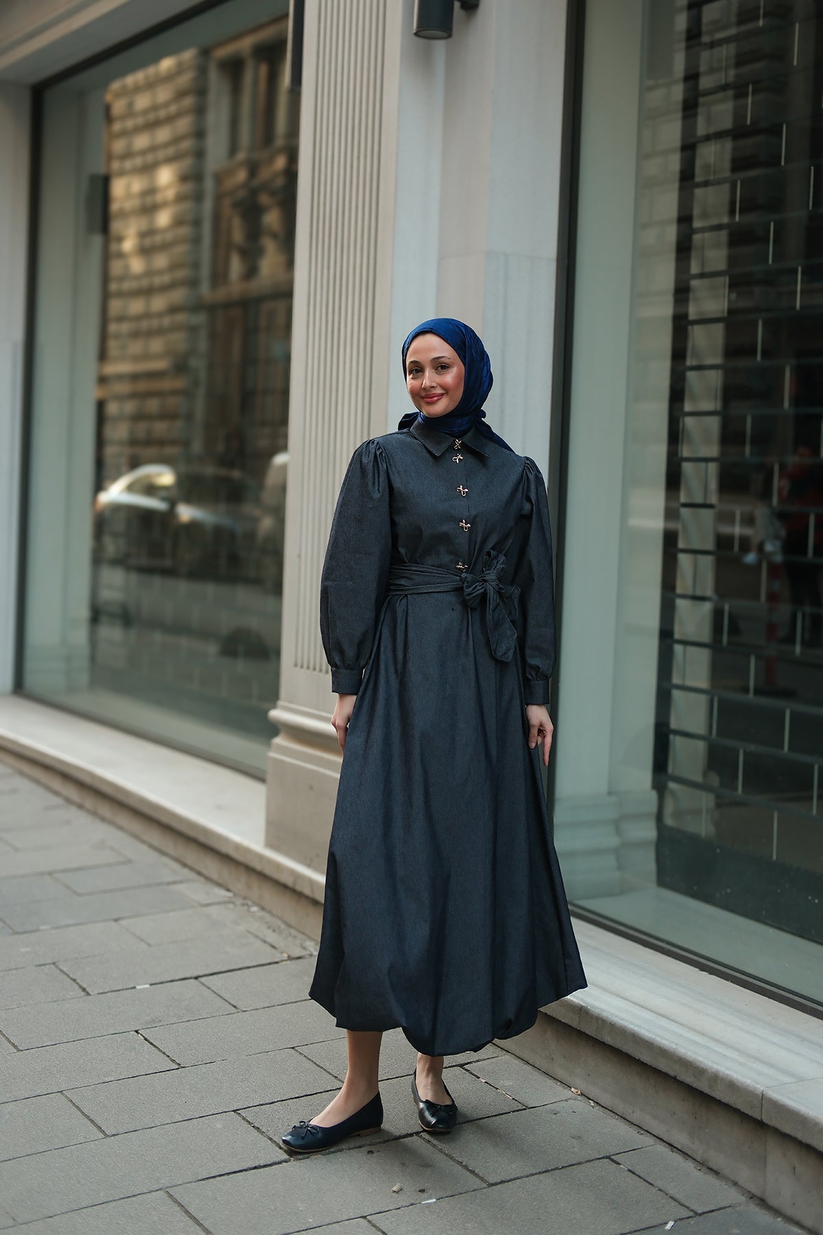 Dark Navy Denim Dress With Gold Ribbon Button Detail
