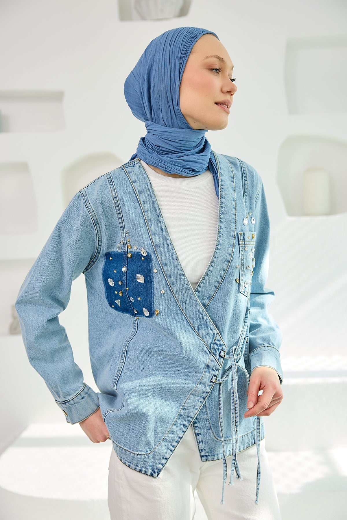 Denim Kimono With Stone Detail n Blue