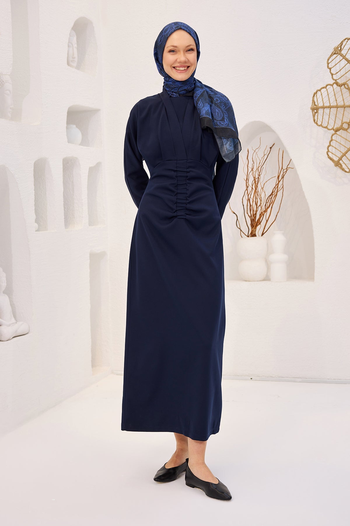 Navy Blue Crepe Dress With Draped Front
