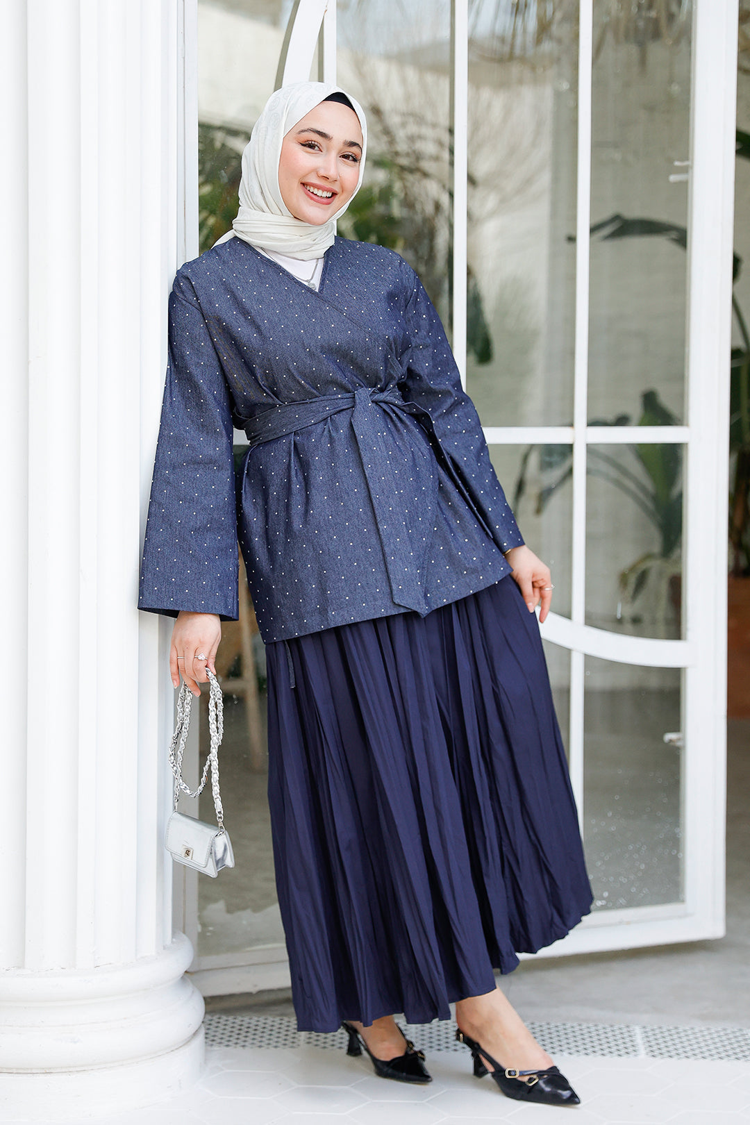 Navy Blue Denim Jacket With Stone And Side Details