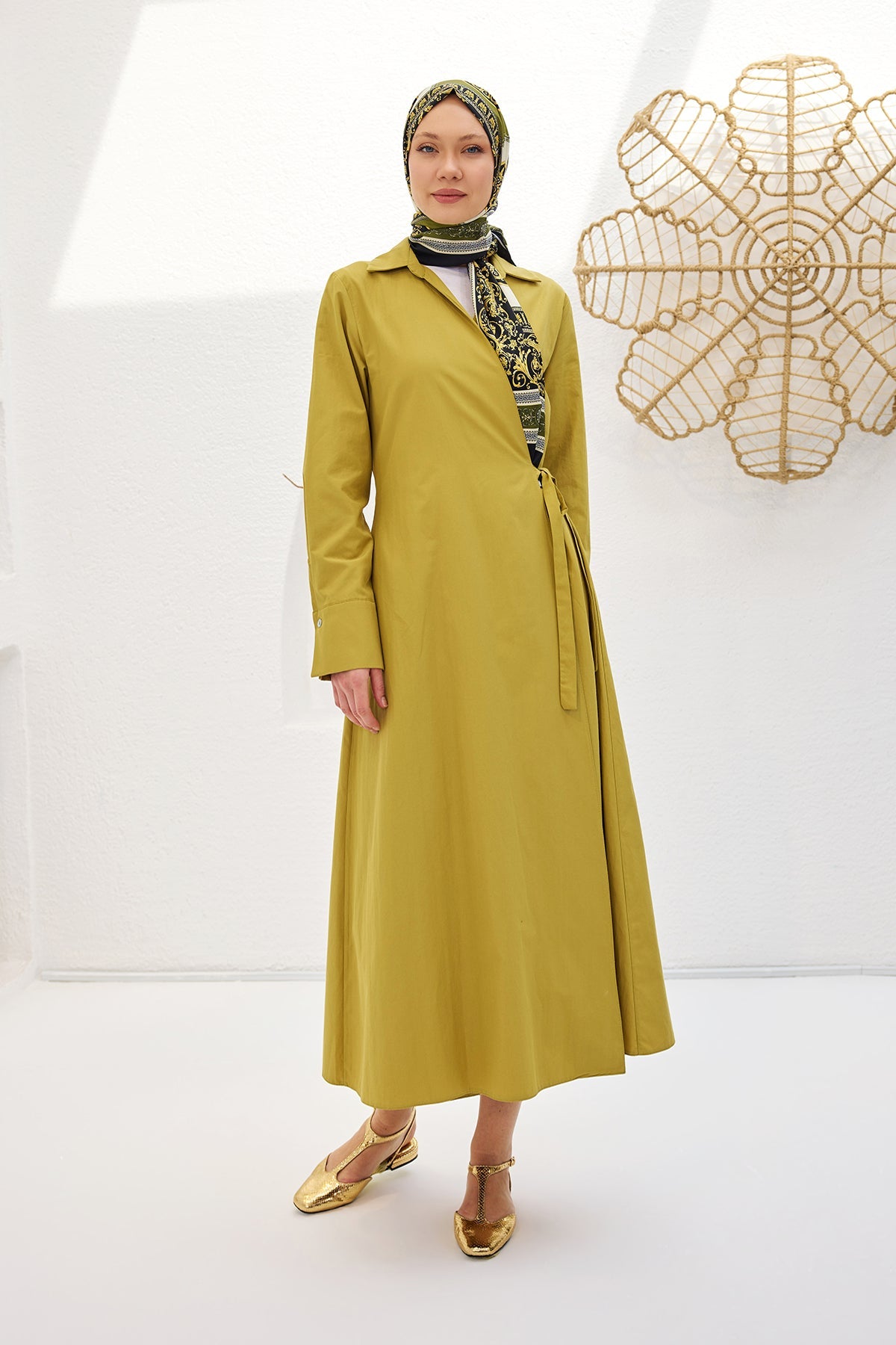 Olive Green Poplin Dress With Side Tie