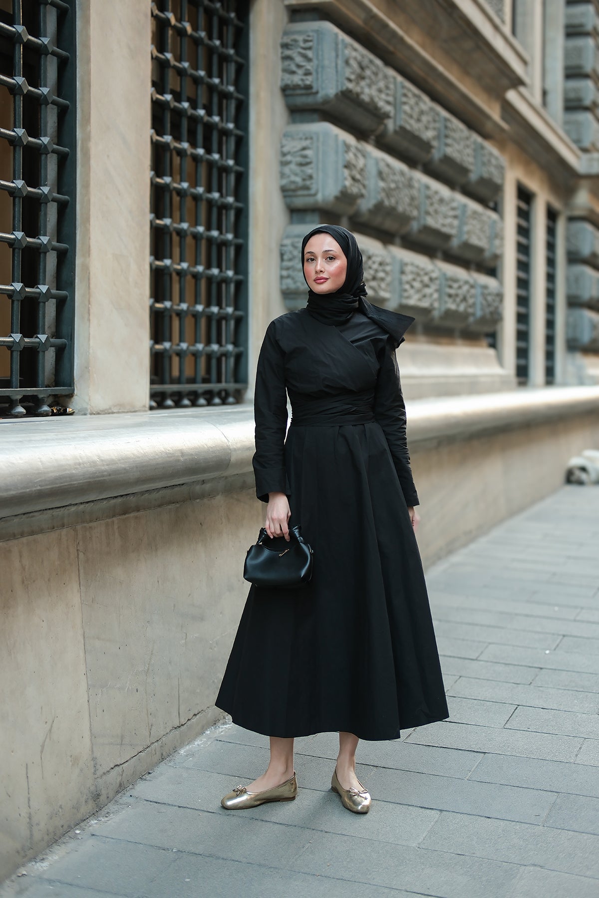 Self-Tie Black Poplin Dress