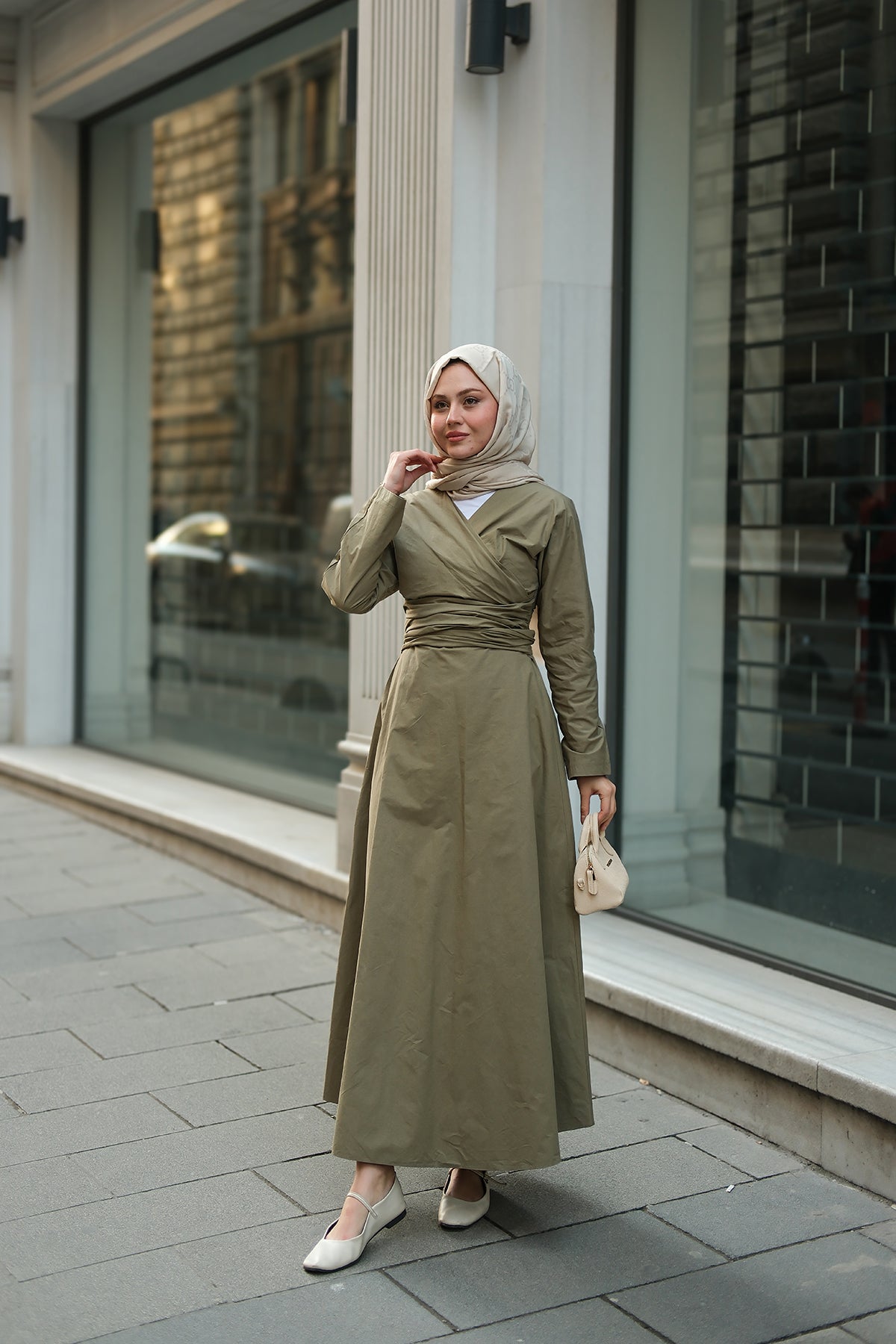 Self-Tie Green Poplin Dress