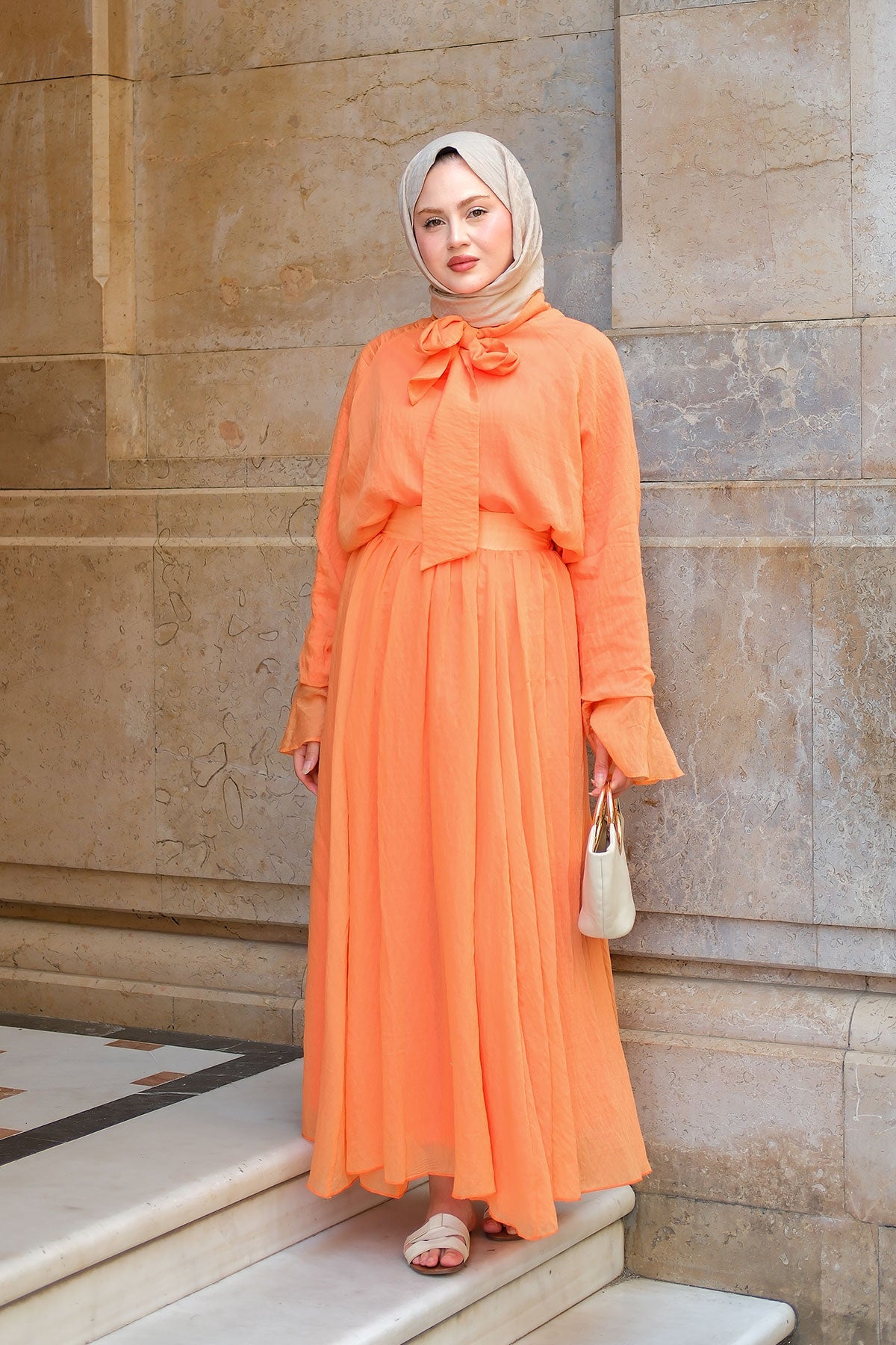 Tulle-Detail Tie-Front Two-Piece Set Orange