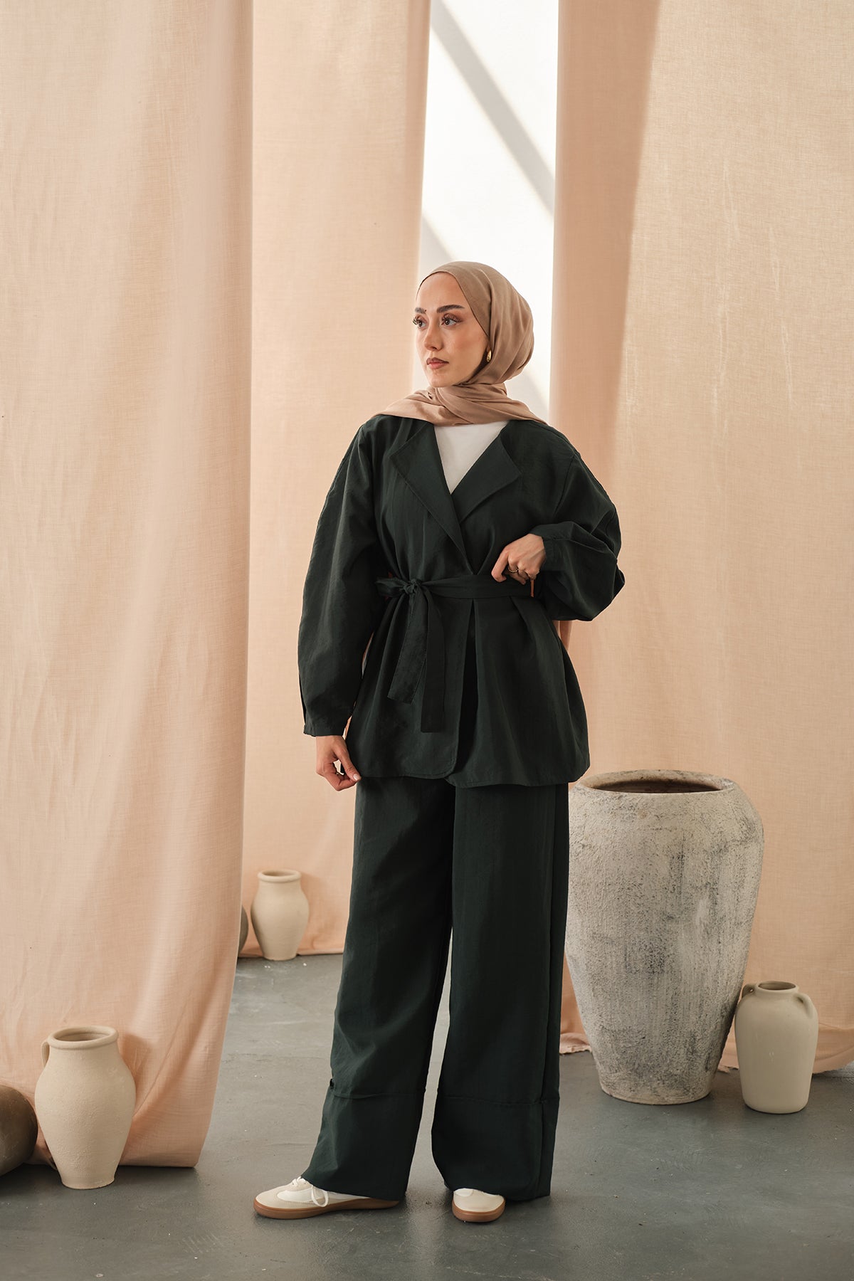 Waist-Tie Kimono Set Emerald Green