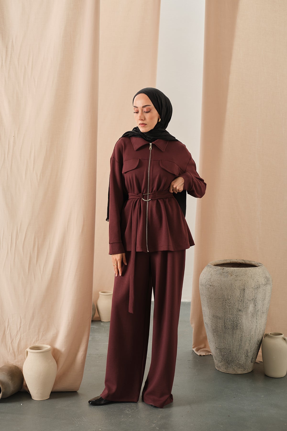 Zipper Detail Waist-Tie Two-Piece Set Burgundy